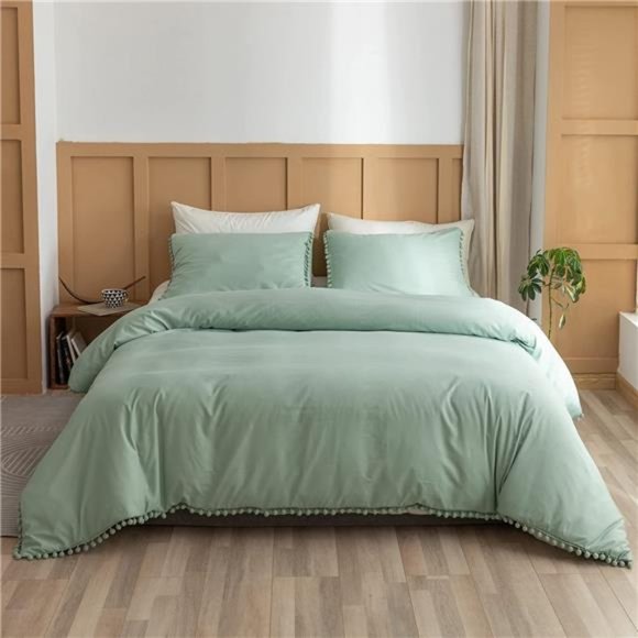 Sage Green Queen Comforter Set Ball Pom Fringe Design 3pcs, Aesthetic - Picture 2 of 6